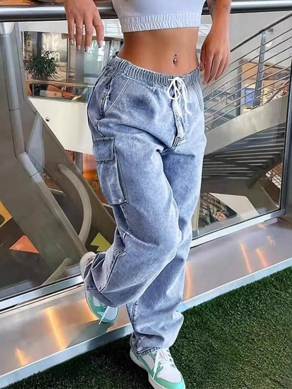 High Waist Cargo Drawstring Denim Jeans