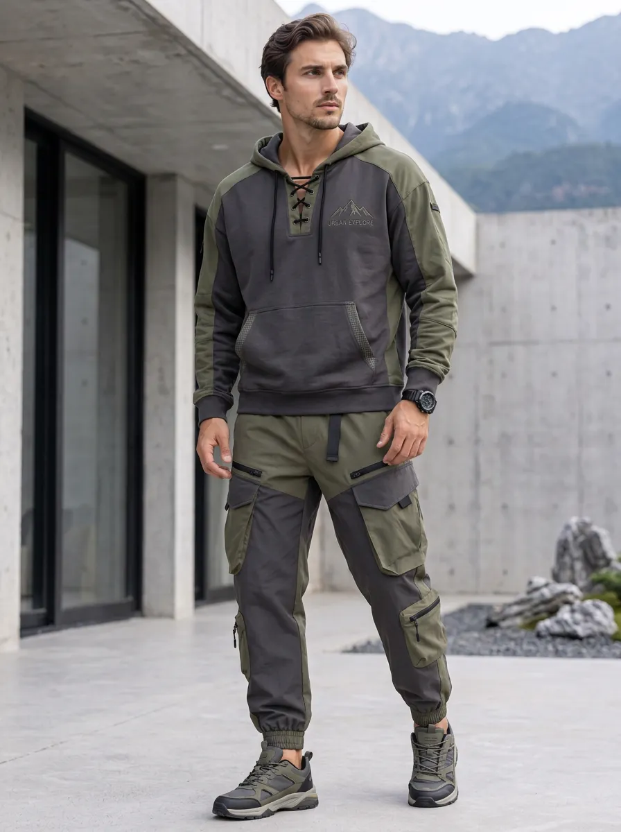 Trail-Inspired Lace-Up Mountain Graphic Look Men's Lace Up Hoodie And Cargo Jogger Set