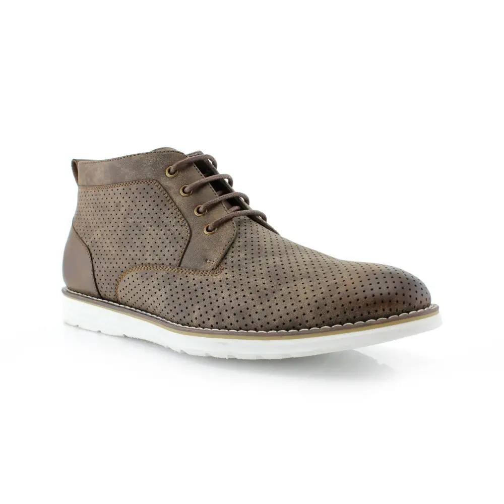 Faux-Leather Burnished Perforated Ankle Boots