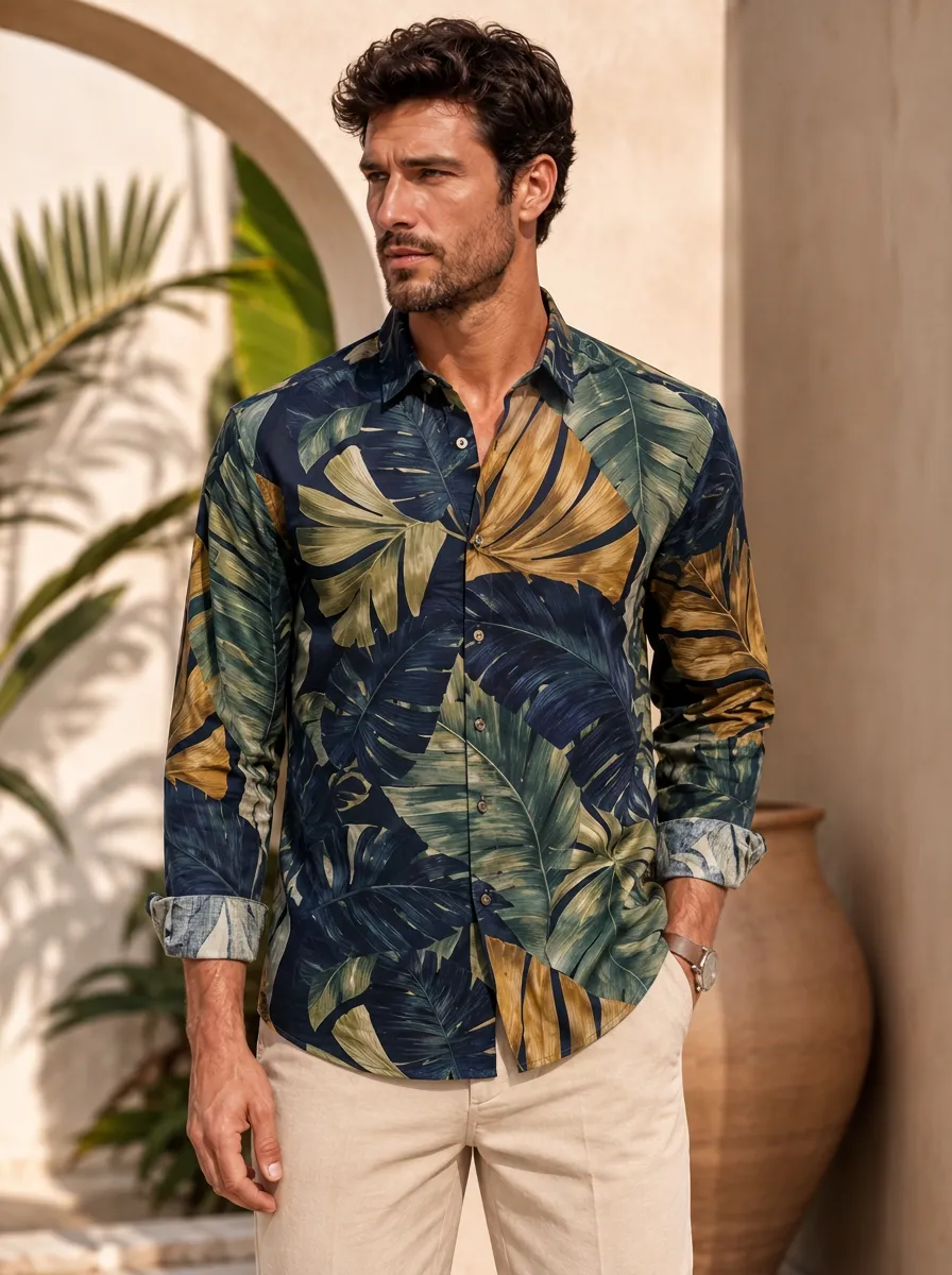 Men's Single-button sleeve plackets Tropical Leaf Print Long-Sleeve Shirt