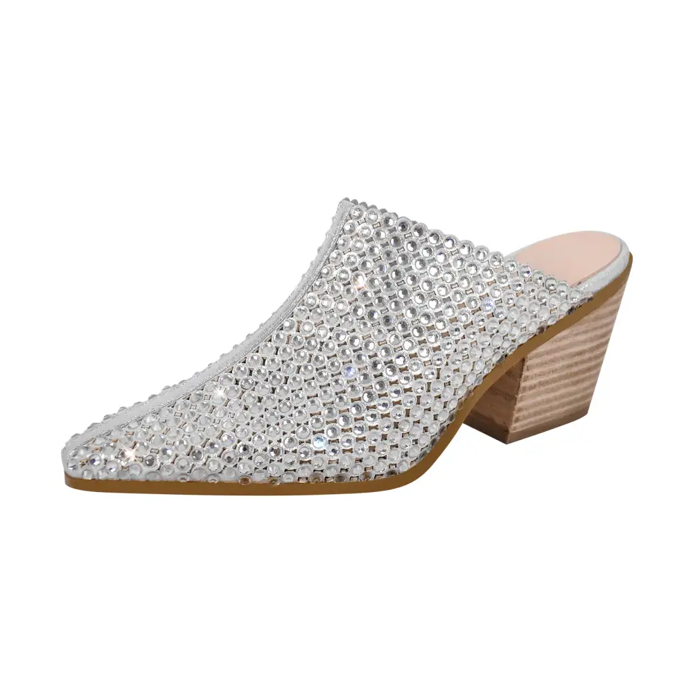 Rhinestone Pointed Toe Chunky Heel Heeled Mules