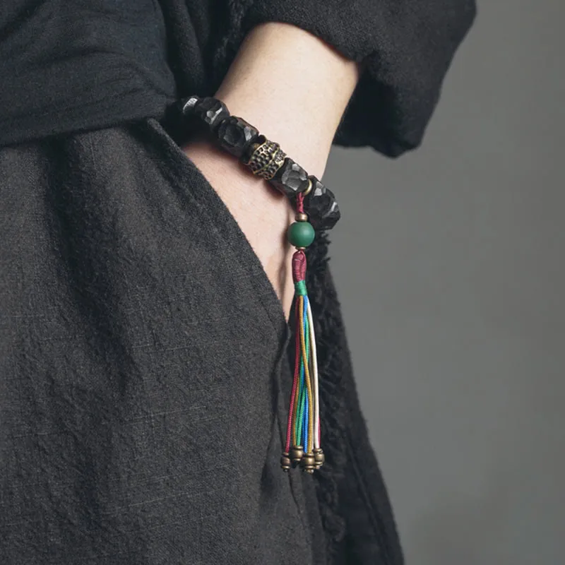 Ebony Wood Copper Tassel Wrist Mala Bracelet