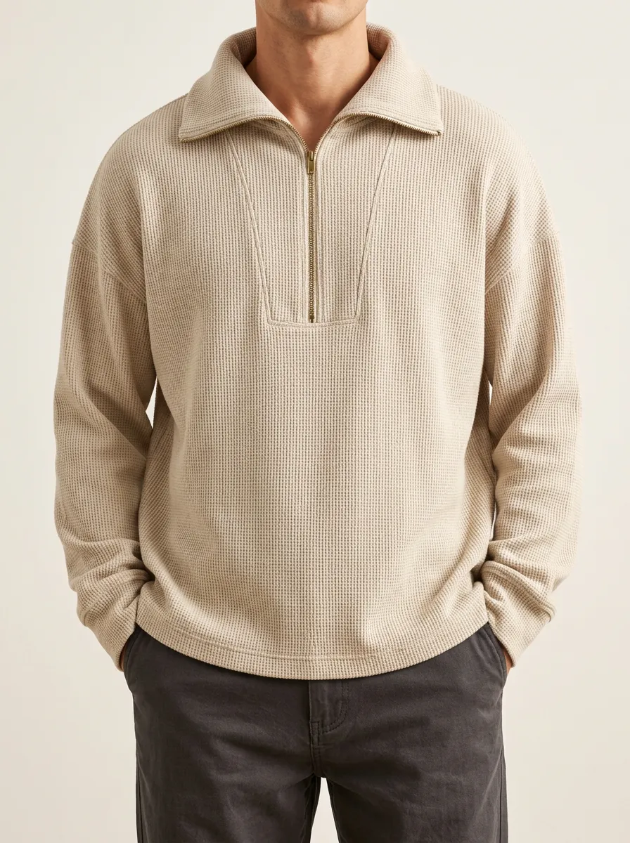 Everyday Layering Waffle Knit Texture Quarter-Zip Sweatshirt