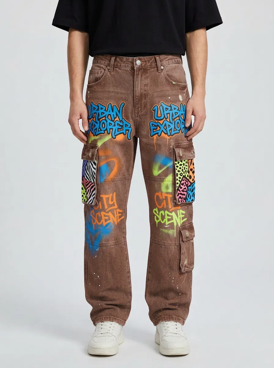 Men's Streetwear Urban Explorer Graffiti Animal Print Graphic Cargo Jeans