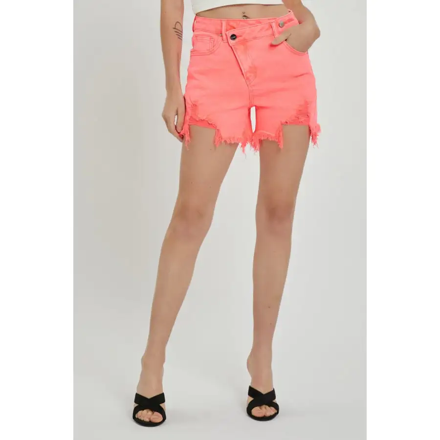 Risen Raw Hem Asymmetrical Waist Denim Shorts