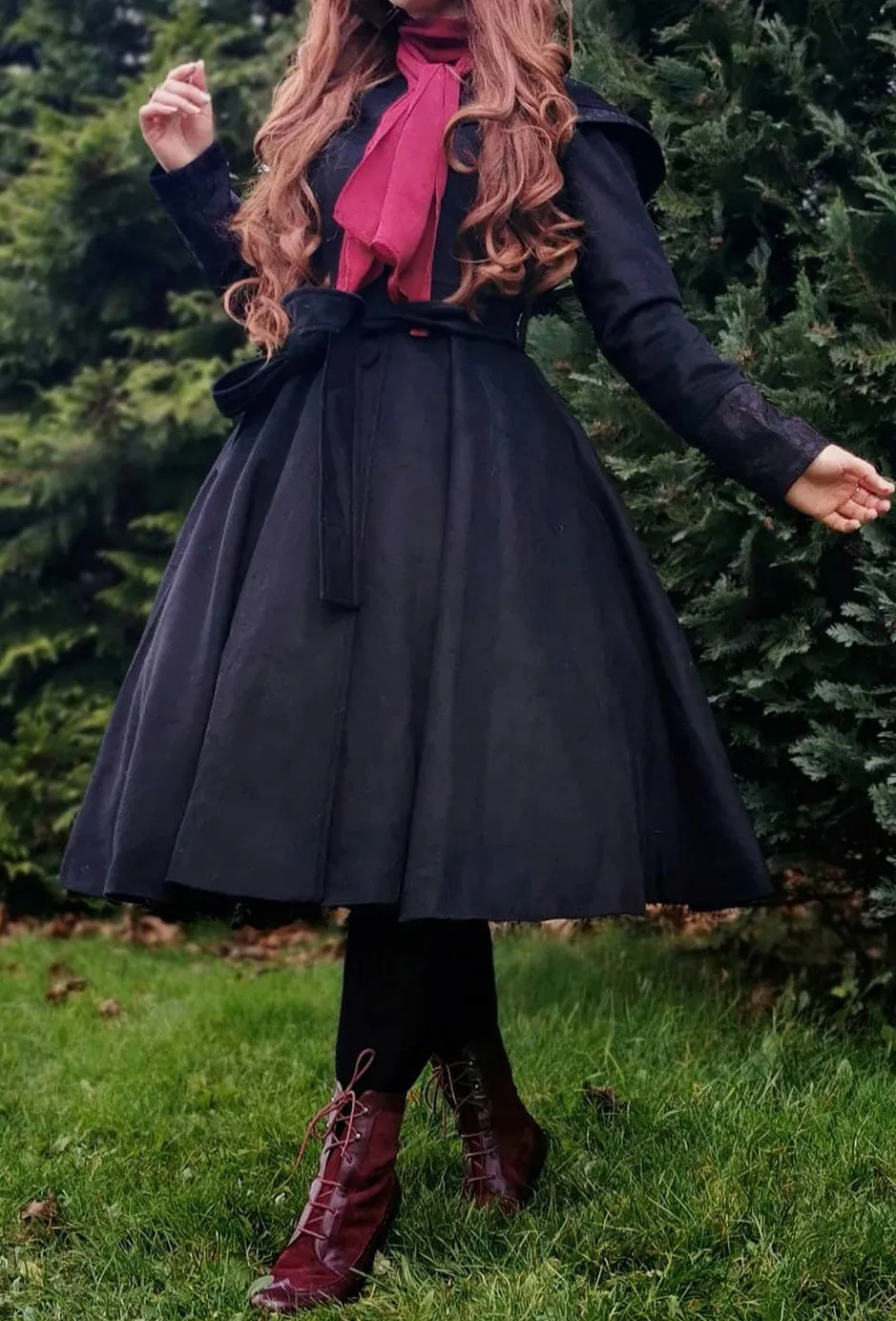 Wool Blend Swing Hooded Pocketed Button Front Midi Coat