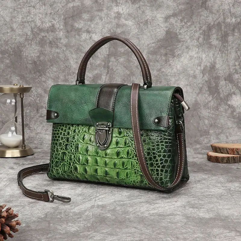 Vintage Accessory: Crocodile-Pattern Small Square Crossbody Bag