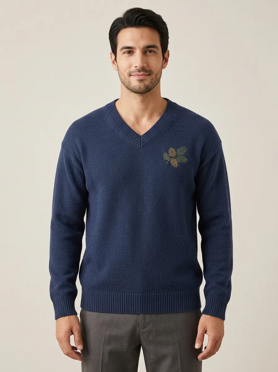 Men's Pinecone Embroidered Fine-Knit V-Neck Sweater