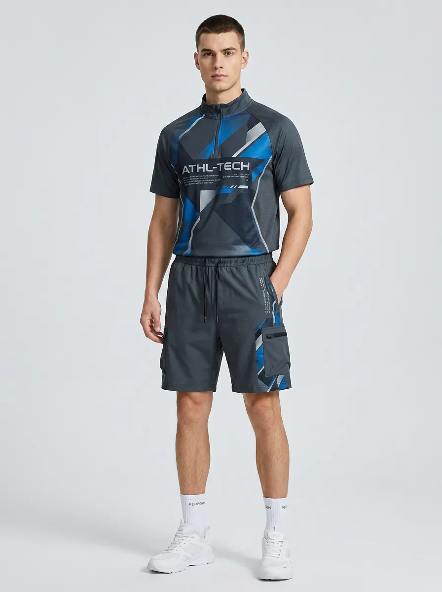 Men's Athl-Tech Geometric Printed Quarter-Zip Shorts Set