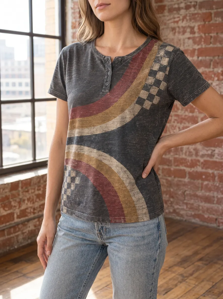 Women's Retro Vintage Checkered Rainbow Printed Henley T-shirt