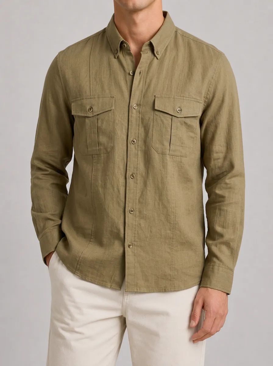 Men's Casual Olive Green Button Down Long Sleeve Shirt