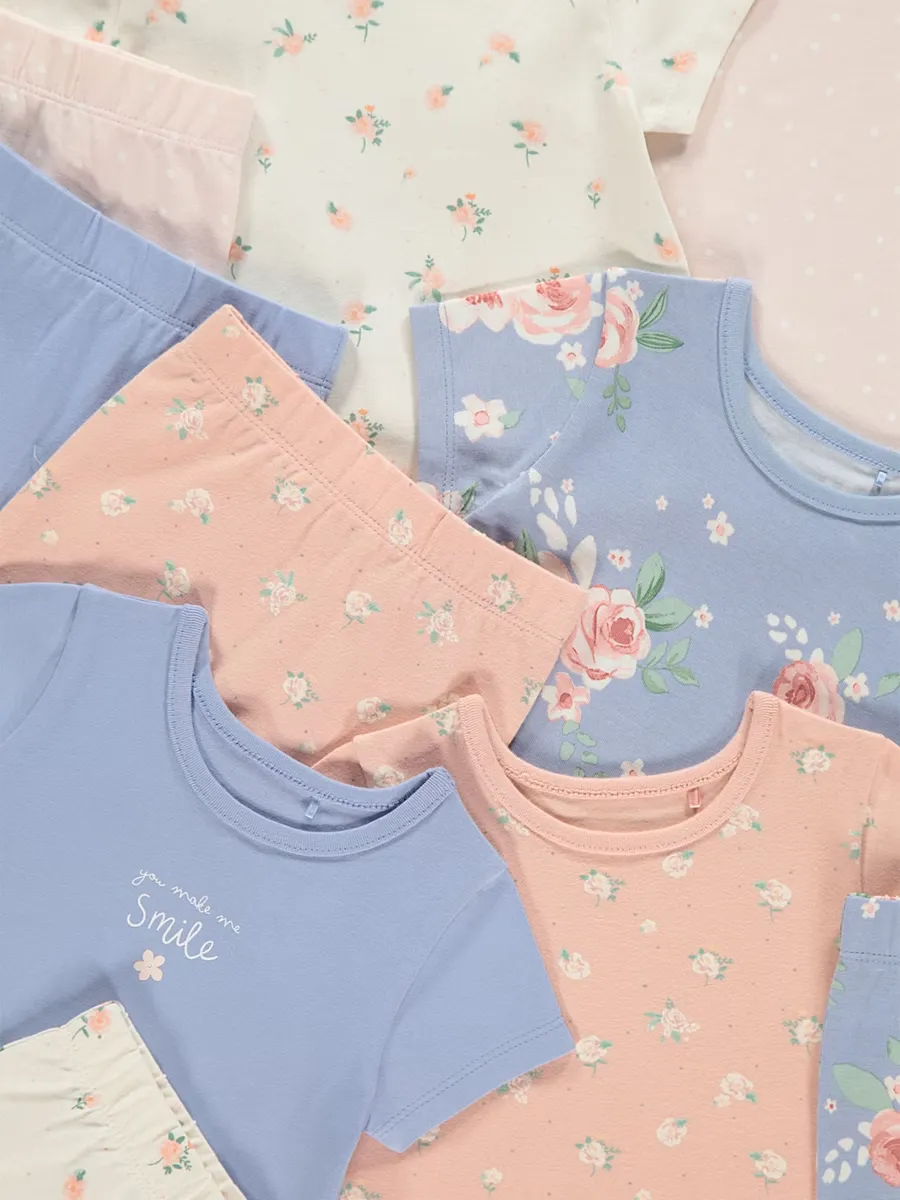Blue Floral Short Sleeve Tops and Leggings 5 Pack