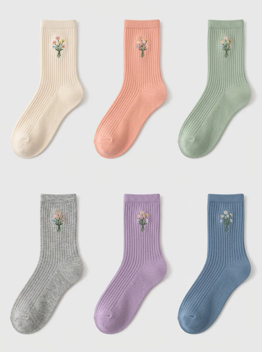Women's Pastel Floral Embroidered Ribbed Crew Socks Briefs Multi-Pack