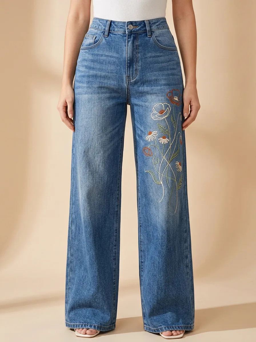 Women's Floral Thigh-And-Leg Embroidered Wide-Leg Stretch Jeans