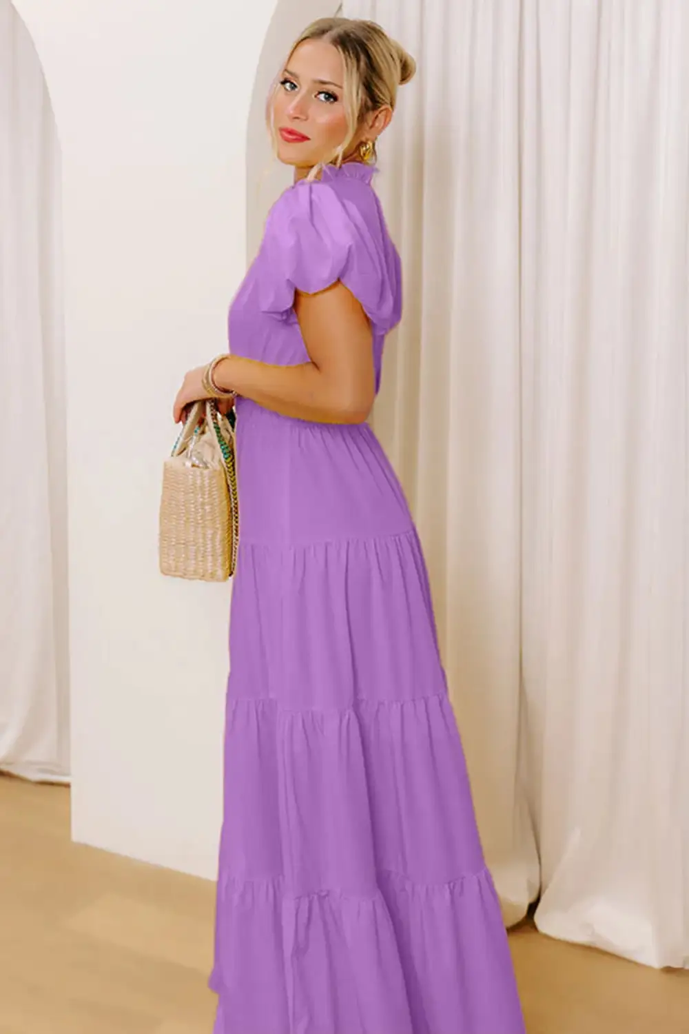 V Neck Tiered Puff Sleeve Maxi Dress