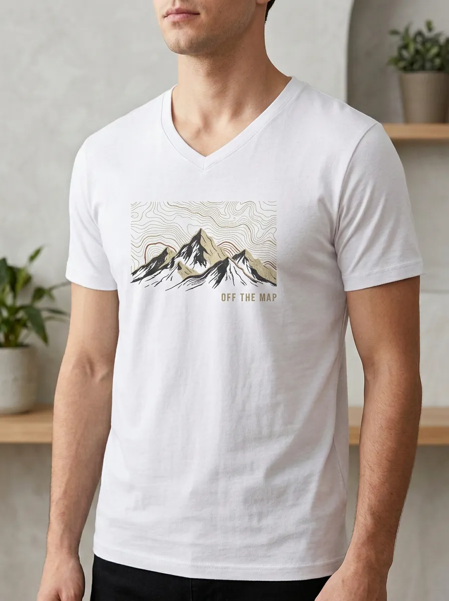 Men's Hiking Adventure Off The Map Mountain Topographic Printed V-neck T-shirt