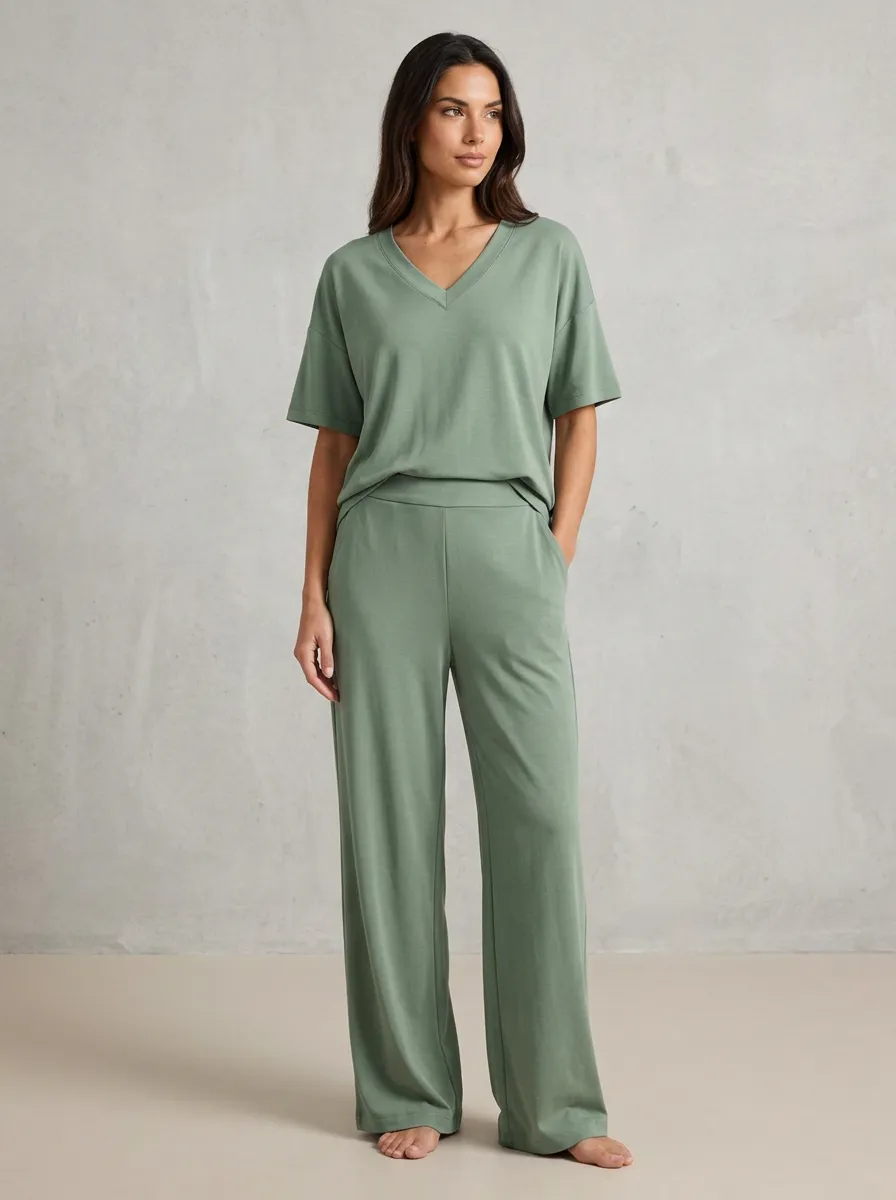 Women's Drop-Shoulder V-Neck Top And Wide-Leg Trouser Lounge Set