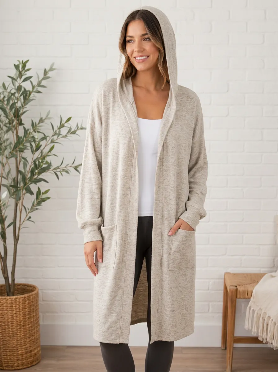 Women's Heather Hooded Open-Front Cardigan Longline