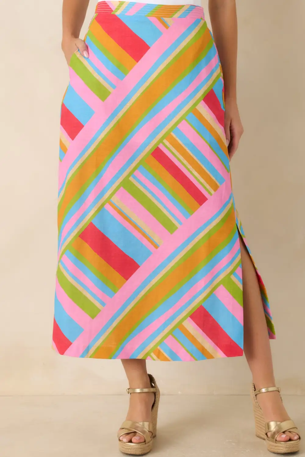 Multicolor Geometric Cotton Linen Midi Skirt