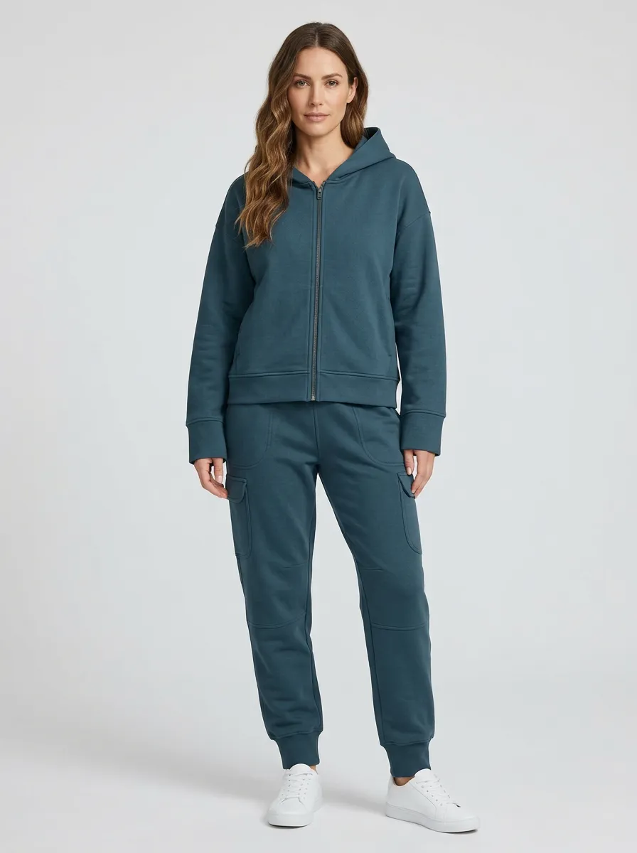 Women's Teal Solid Color Zip-up Hoodie and Cargo Jogger Set