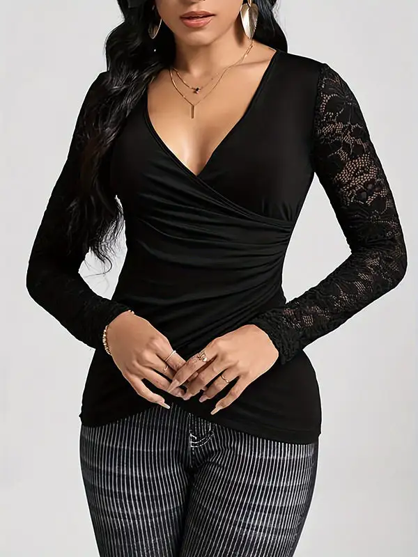 Long Sleeve Slim Fit Pleat Detail Panel Detail Deep V-Neck T-Shirt