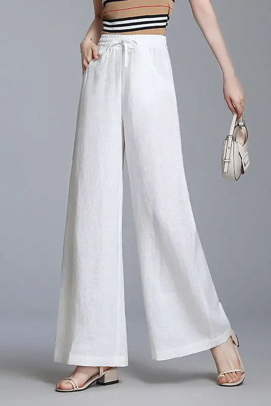 Polished Linen Wide Leg High Waist Pocketed Trousers
