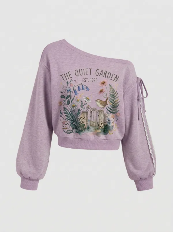Women's Nature Quiet Garden Bird Floral Graphic Off-Shoulder Sweatshirt
