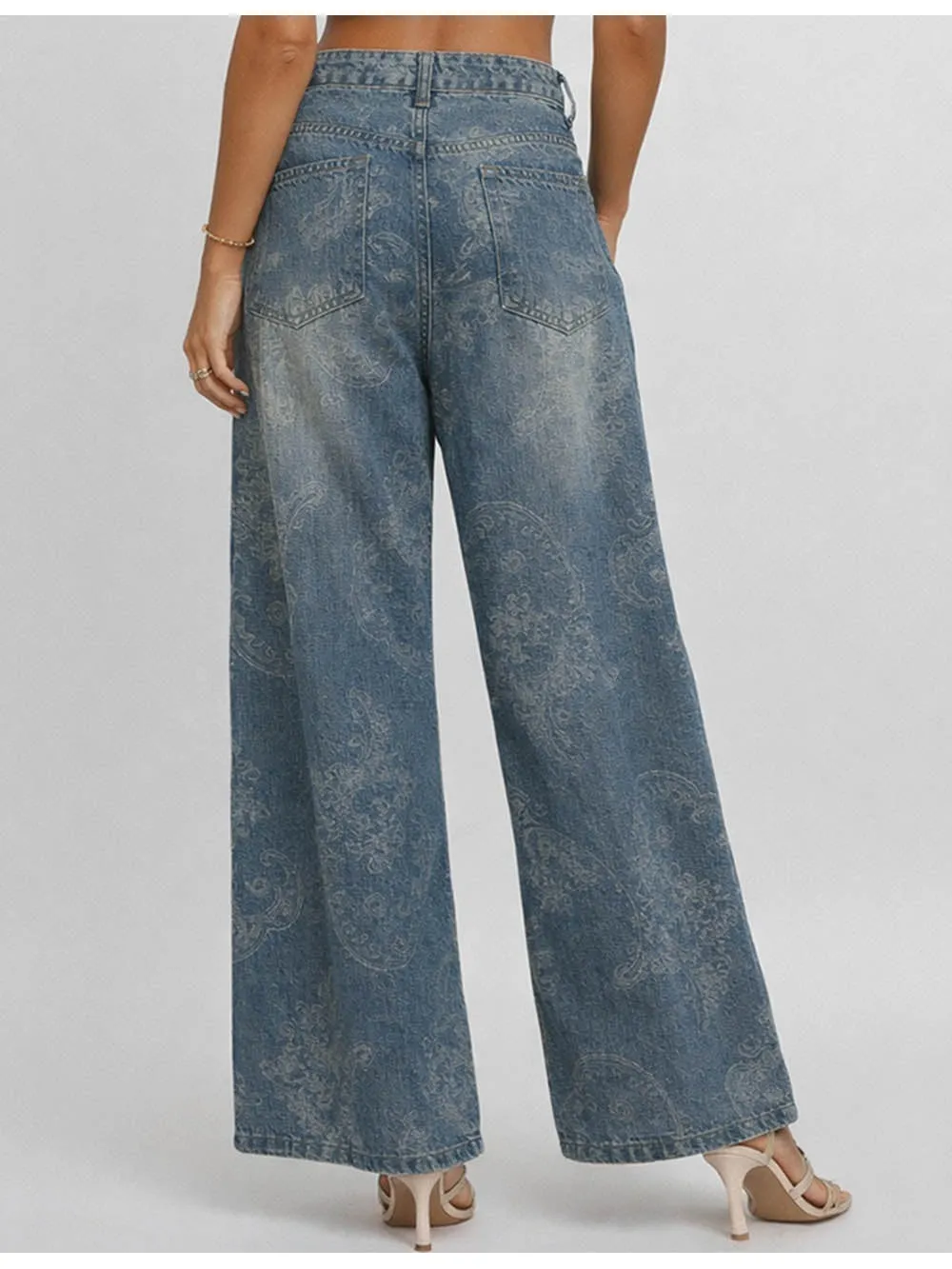 Jacquard Pockets Jeans Wide Leg Denim Pants