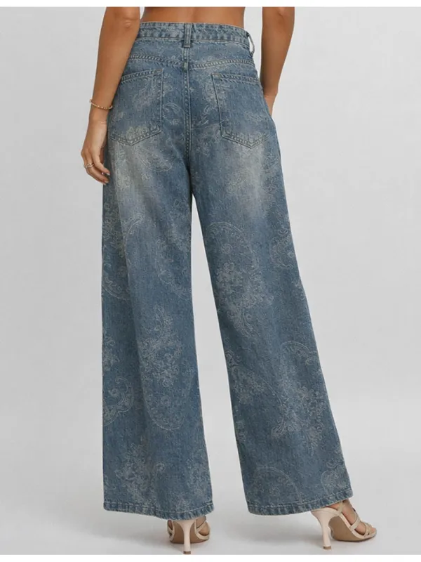 Jacquard Pockets Jeans Wide Leg Denim Pants