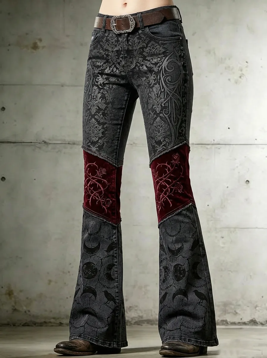 Dark Rose Moon Raven Statement Women's Gothic Flare Pants