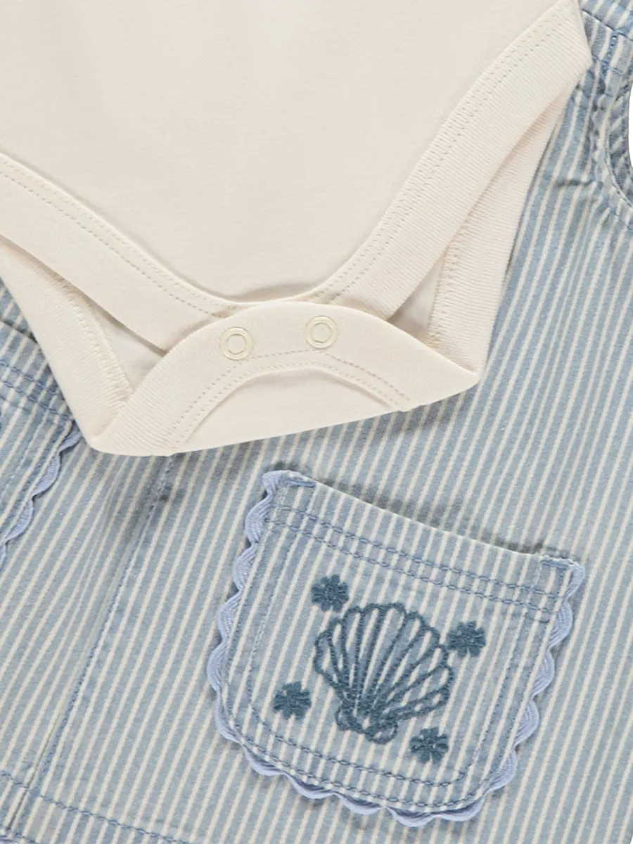 Sea Shell Embroidered Striped Denim Pinafore Outfit