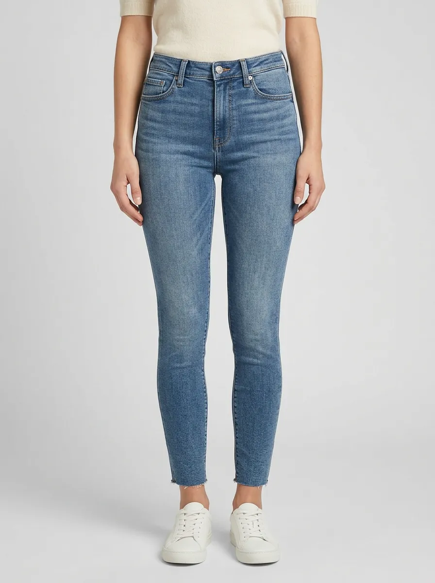 Women's High-Rise Raw Hem Blue Denim Slim Jeans