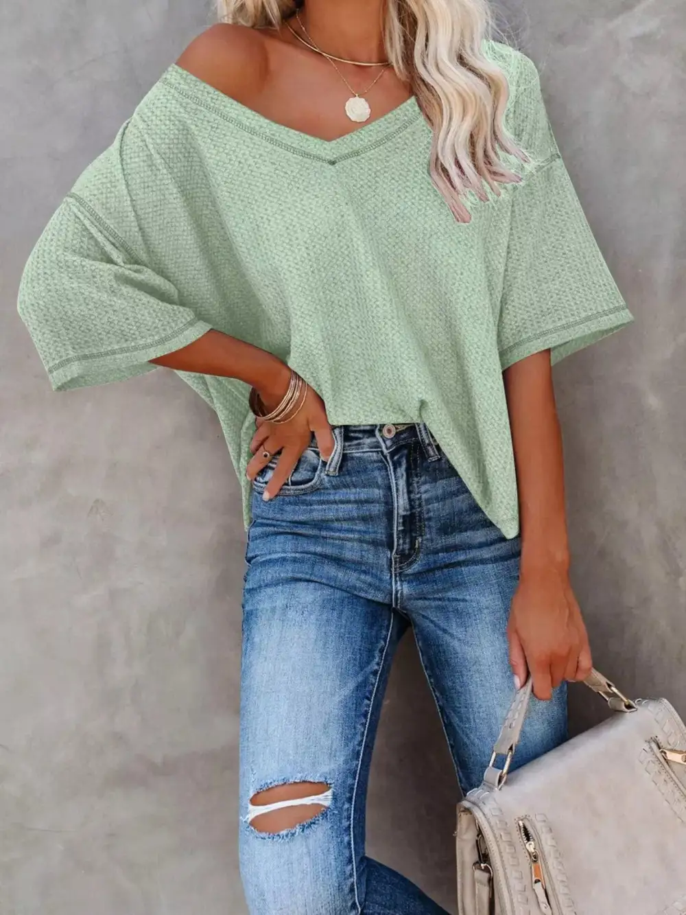 Relaxed V-Neck Short-Sleeve Knit T-Shirt