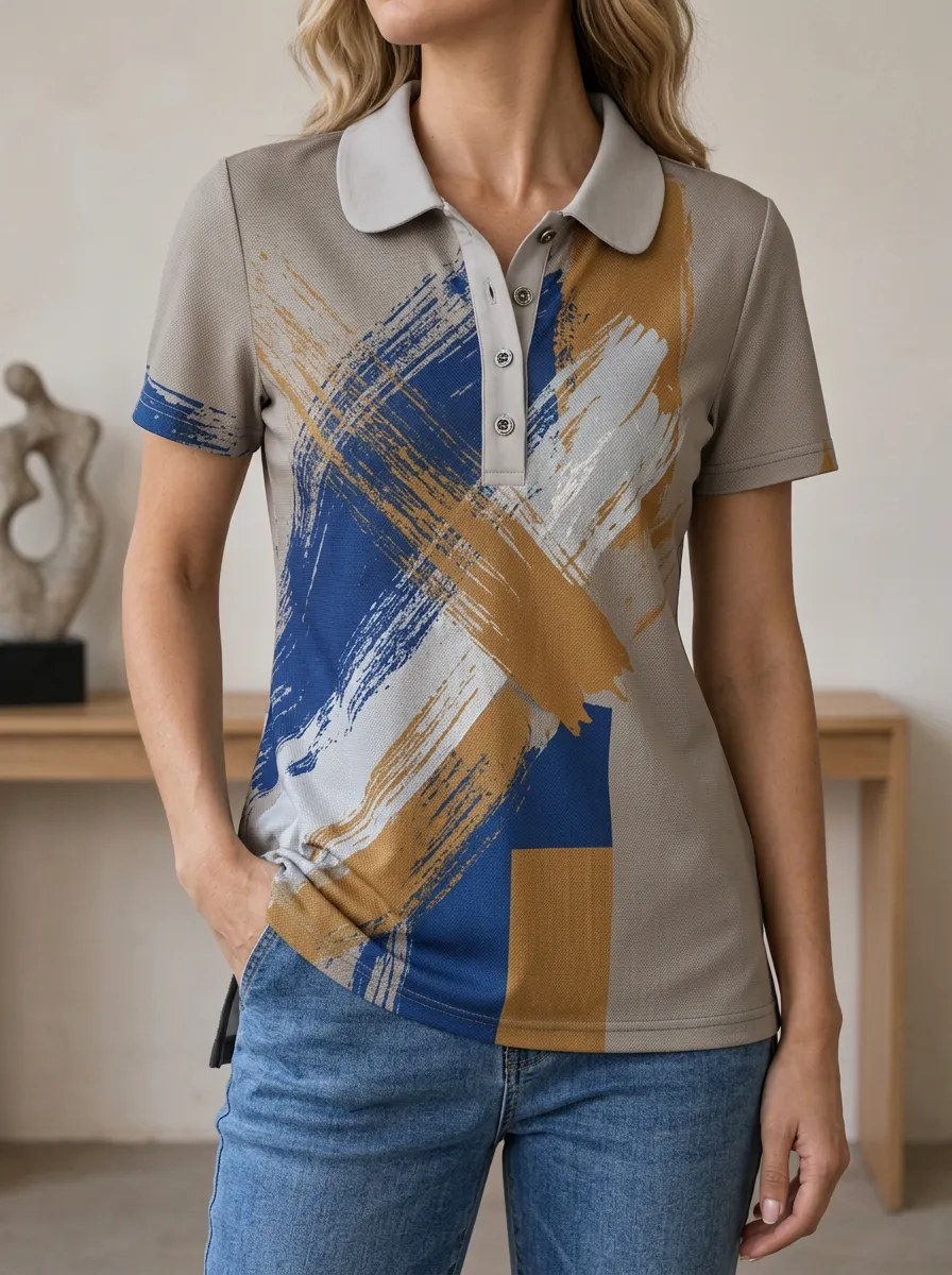 Women's Abstract Brushstroke Blue Gold Printed Polo Shirt