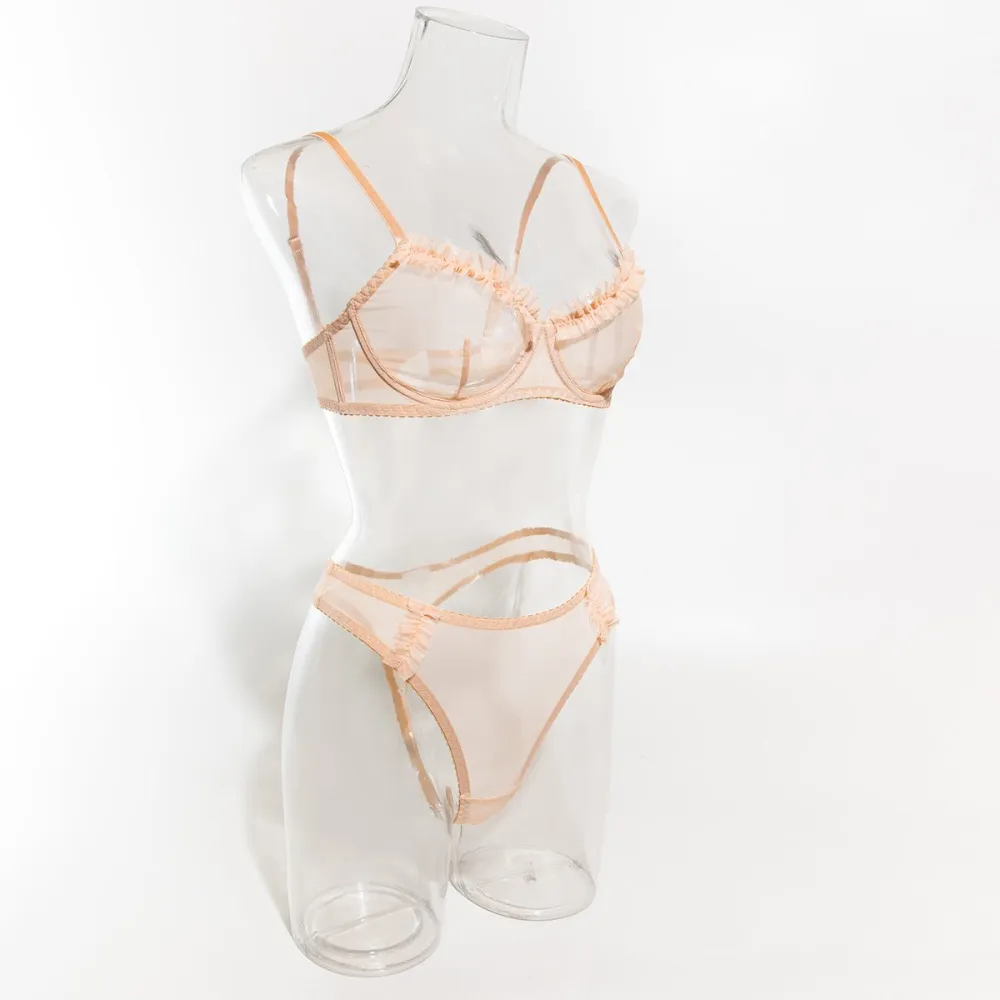 Pleated Mesh Lace Underwire Bra Set