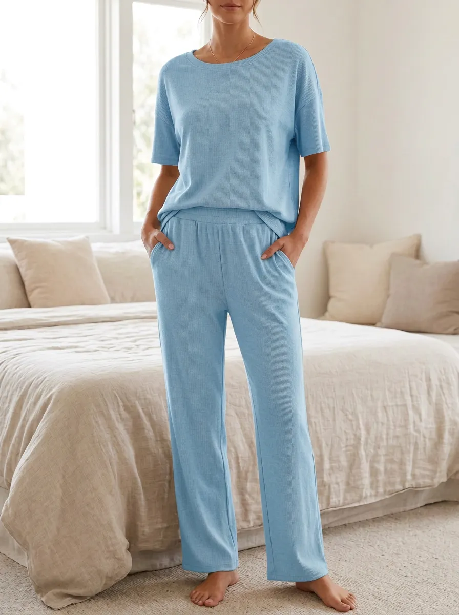 V Neck Ribbed Knit Loungewear Set