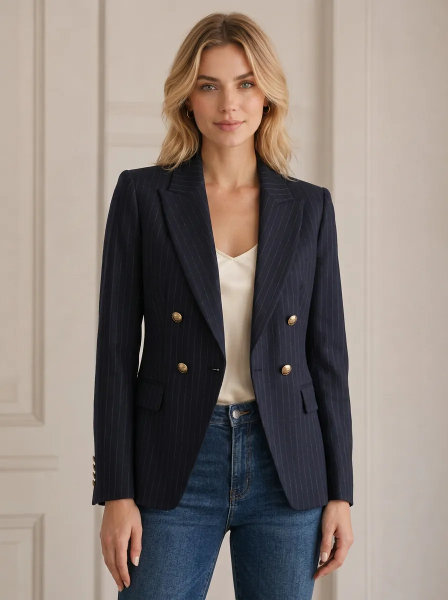 Women's Business Casual Pinstripe Double-Breasted Blazer