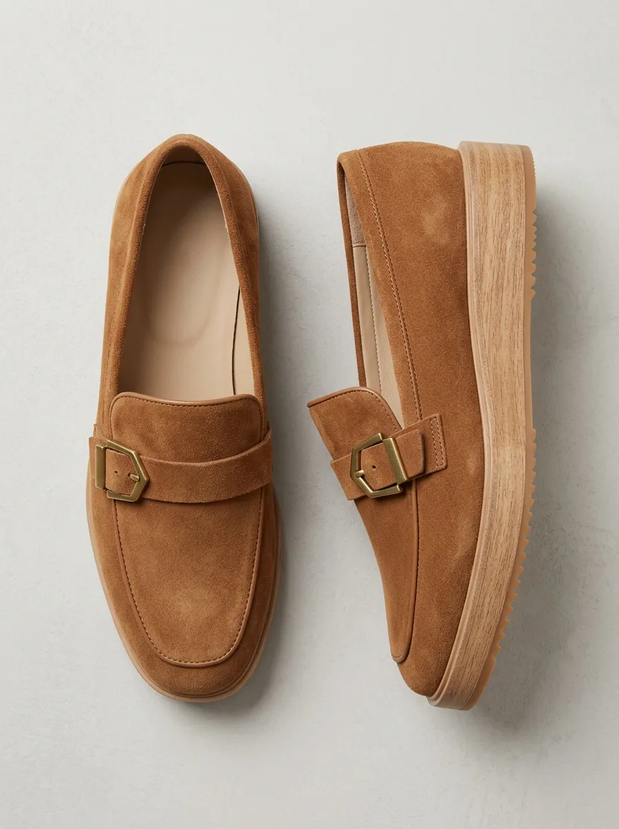 Women's Buckle Detail Casual Suede Wood Sole Loafers