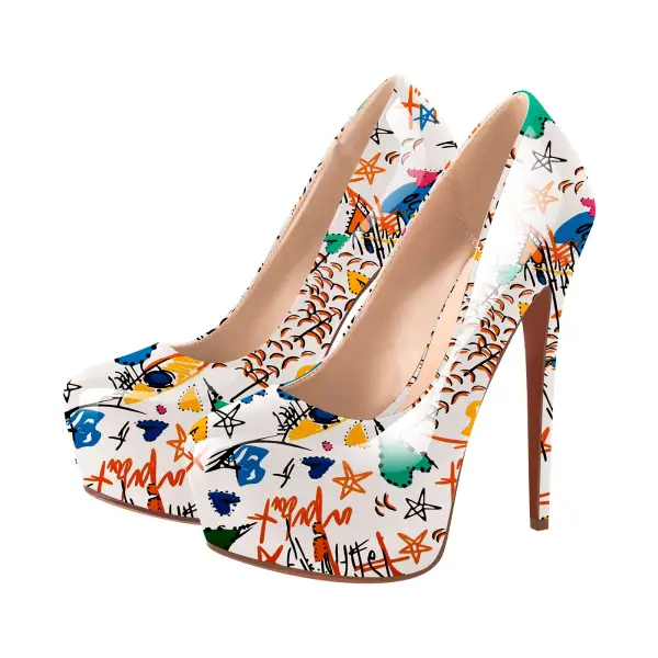 Statement Patent Finish Round Toe Platform Stiletto Pumps