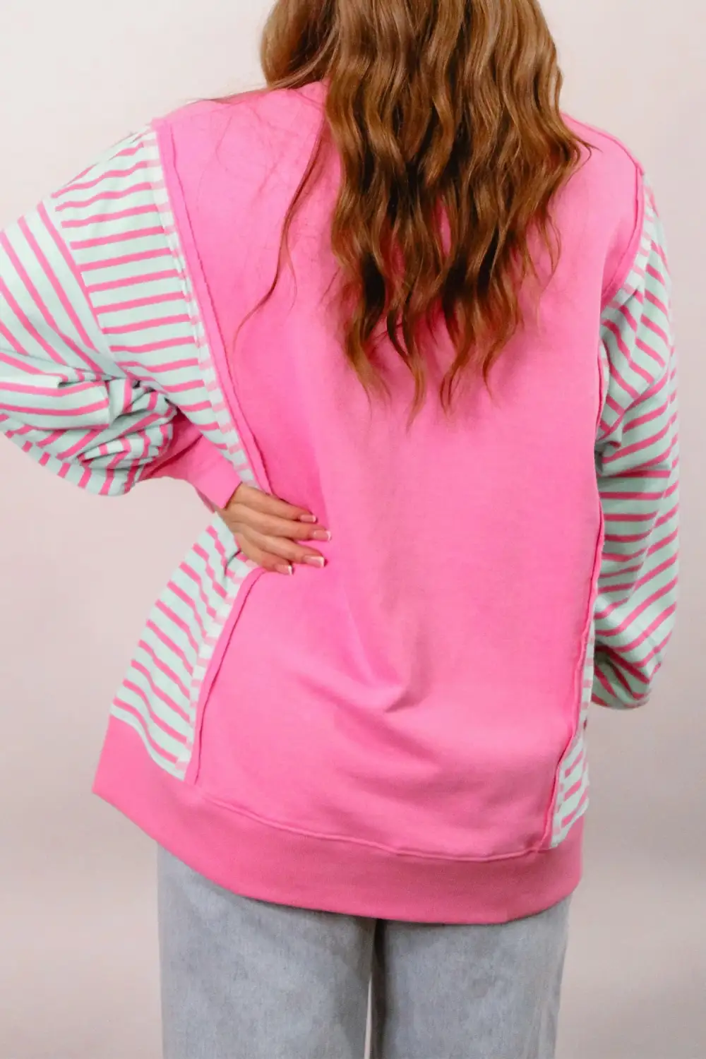Striped Round Neck Split Hem Relaxed Long Sleeve Top