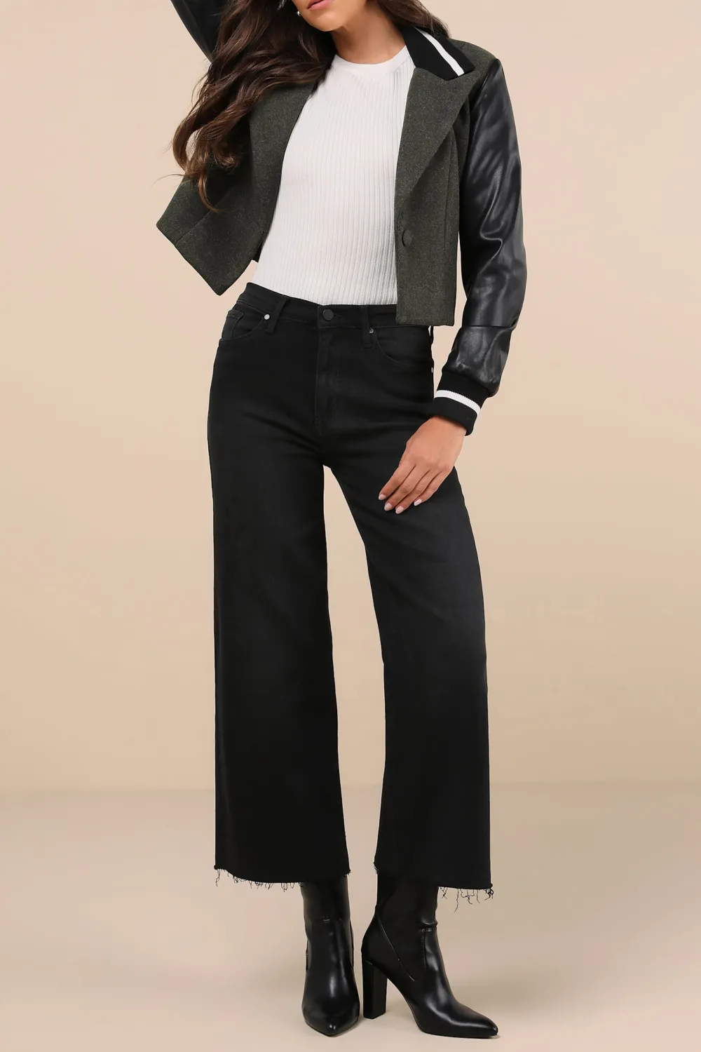 Casual Style Cream Wide-Leg Raw Hem Jeans