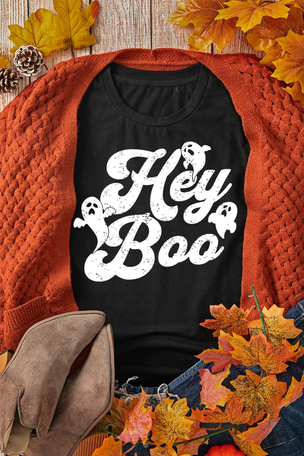 Black Hey Boo Ghost Print Tee