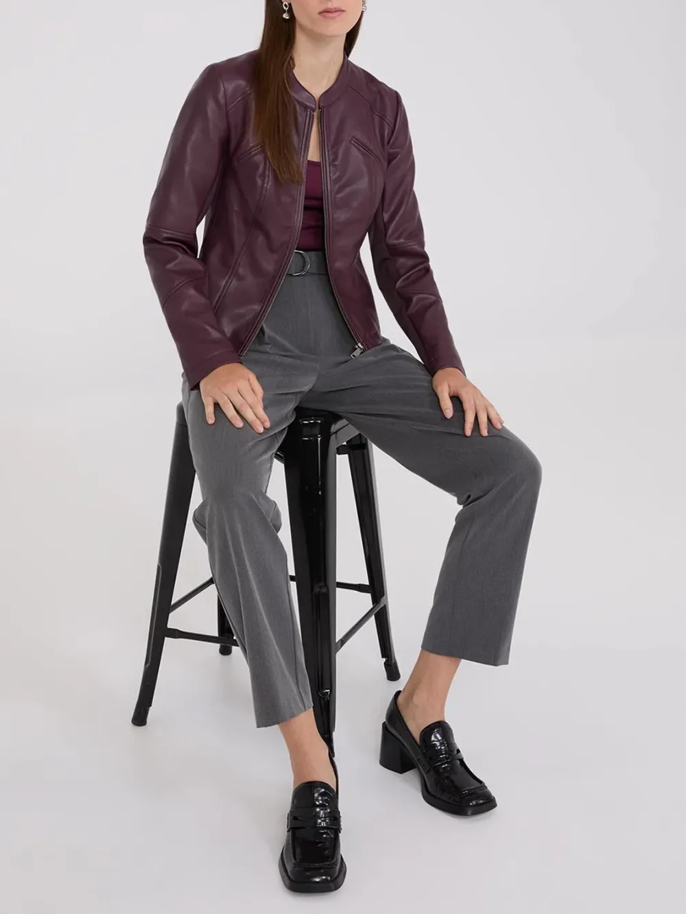 Collarless Faux Leather Coat