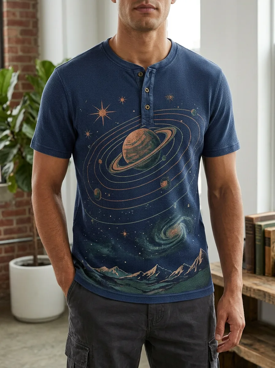 Men's Space Astronomy Planet Saturn Printed Henley T-shirt
