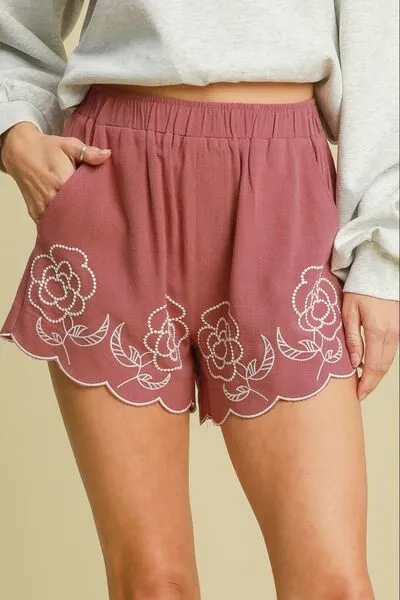 Everyday Full Size Linen Blend Shorts with Floral Embroidered Details