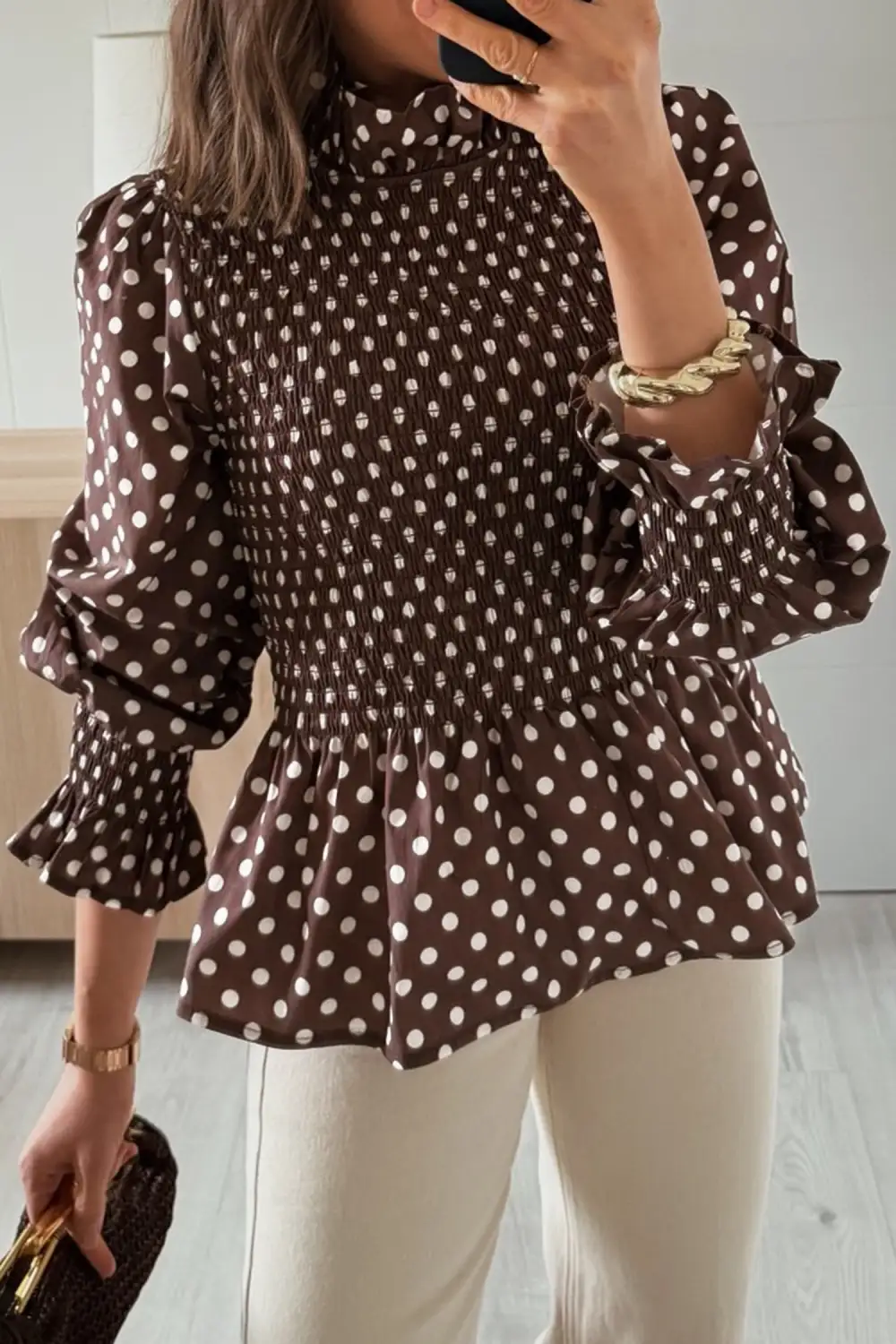 Women's Polka Dot Ruffled Shirred Top