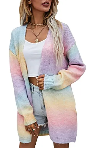 Womens Cardigan Color Block Striped Draped Kimono Cardigans Long Sleeve Open Front Casual Knit Sweaters Coat Outwear