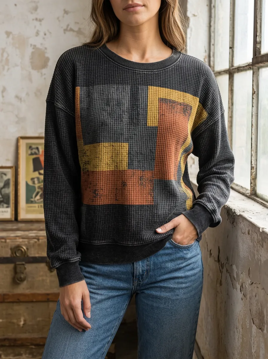 Women's Geometric Colorblock Weekend Waffle Knit Crewneck Sweatshirt