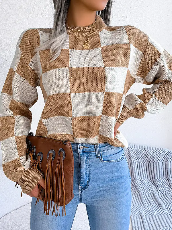 Plaid Round Neck Long Sleeve Relaxed Fit Sweater
