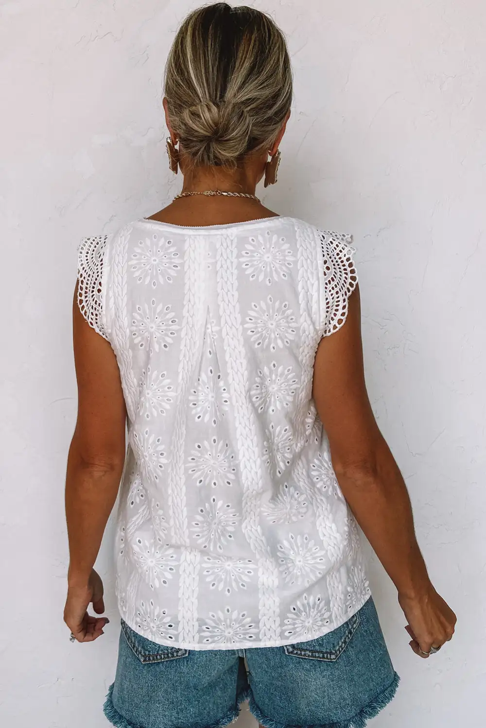 Contrast Lace Cut Out Flutter Sleeve Blouse